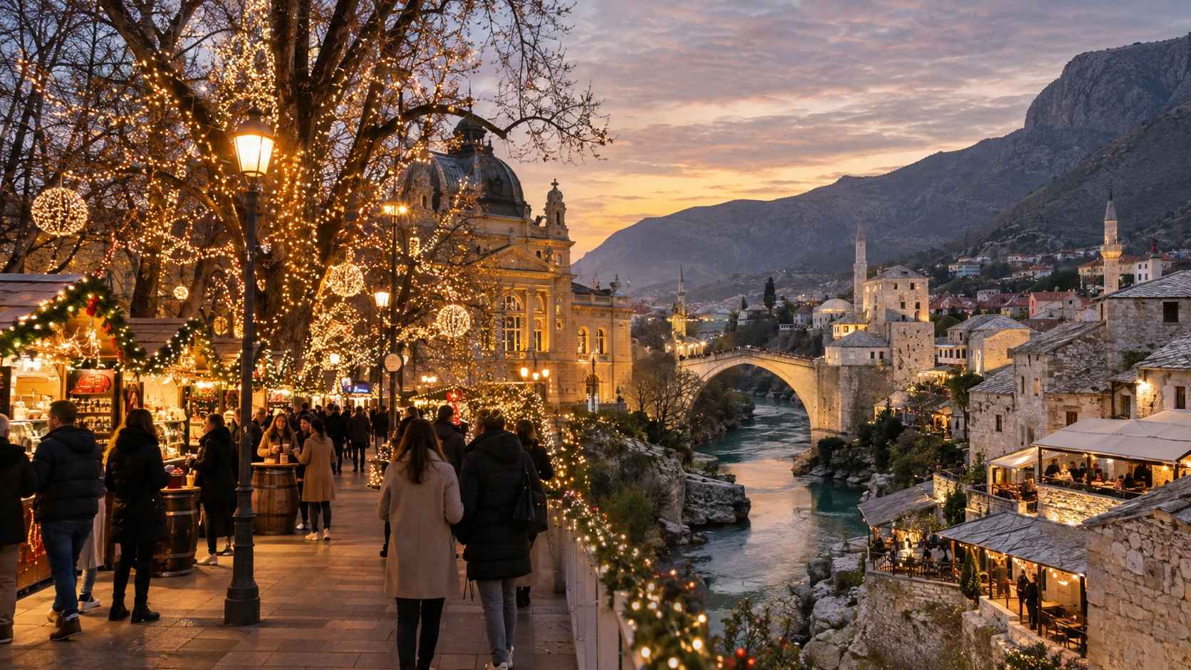 Praznično osvetljen Zagreb sa adventskim štandovima i pogledom na Stari most u Mostaru.