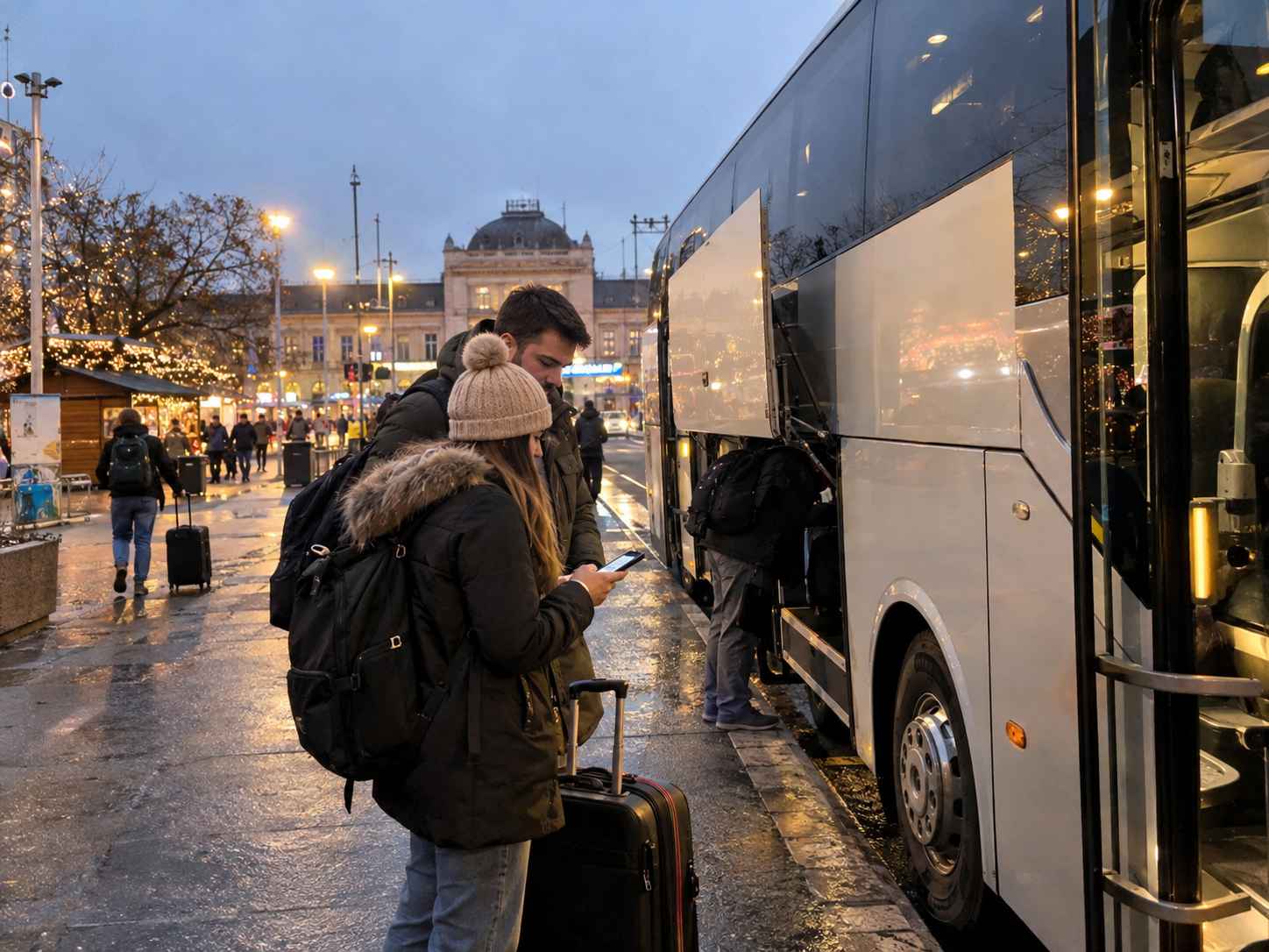 Putnici sa koferima pored turističkog autobusa u Zagrebu, uz praznično osvetljenje i Glavnu železničku stanicu.